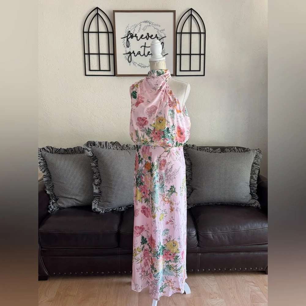 PETAL & PUP ANABELLE HALTER NECK MIDI DRESS - PINK FLORAL SIZE L - Picture 8 of 12